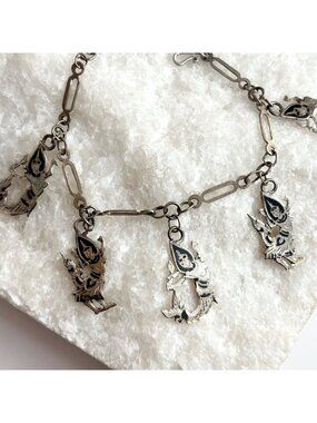 Charm Accented Siam Sterling Silver Matcha Thai1930's 925 Vintage Bracelet